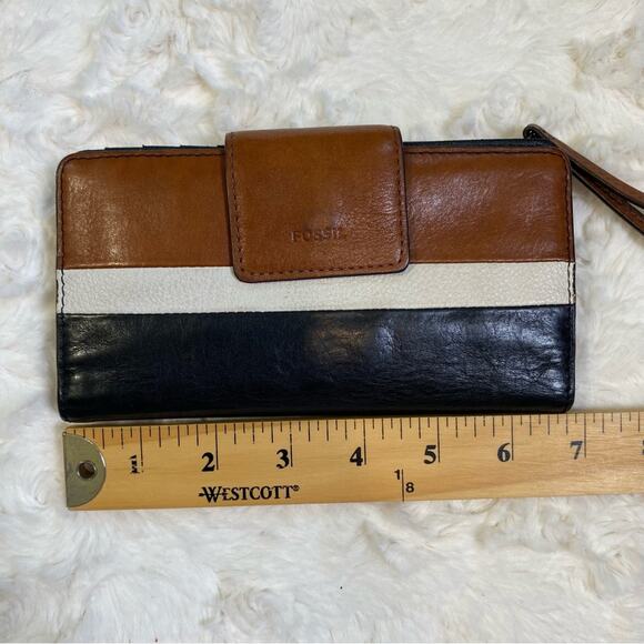 Fossil Leather Wallet Brown Cream Black Colorblock Striped Card Holder Zip - Picture 8 of 10